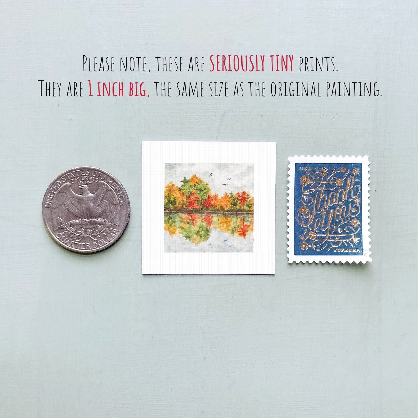 three small prints: a quarter, a square print of a painting, and a postage stamp.