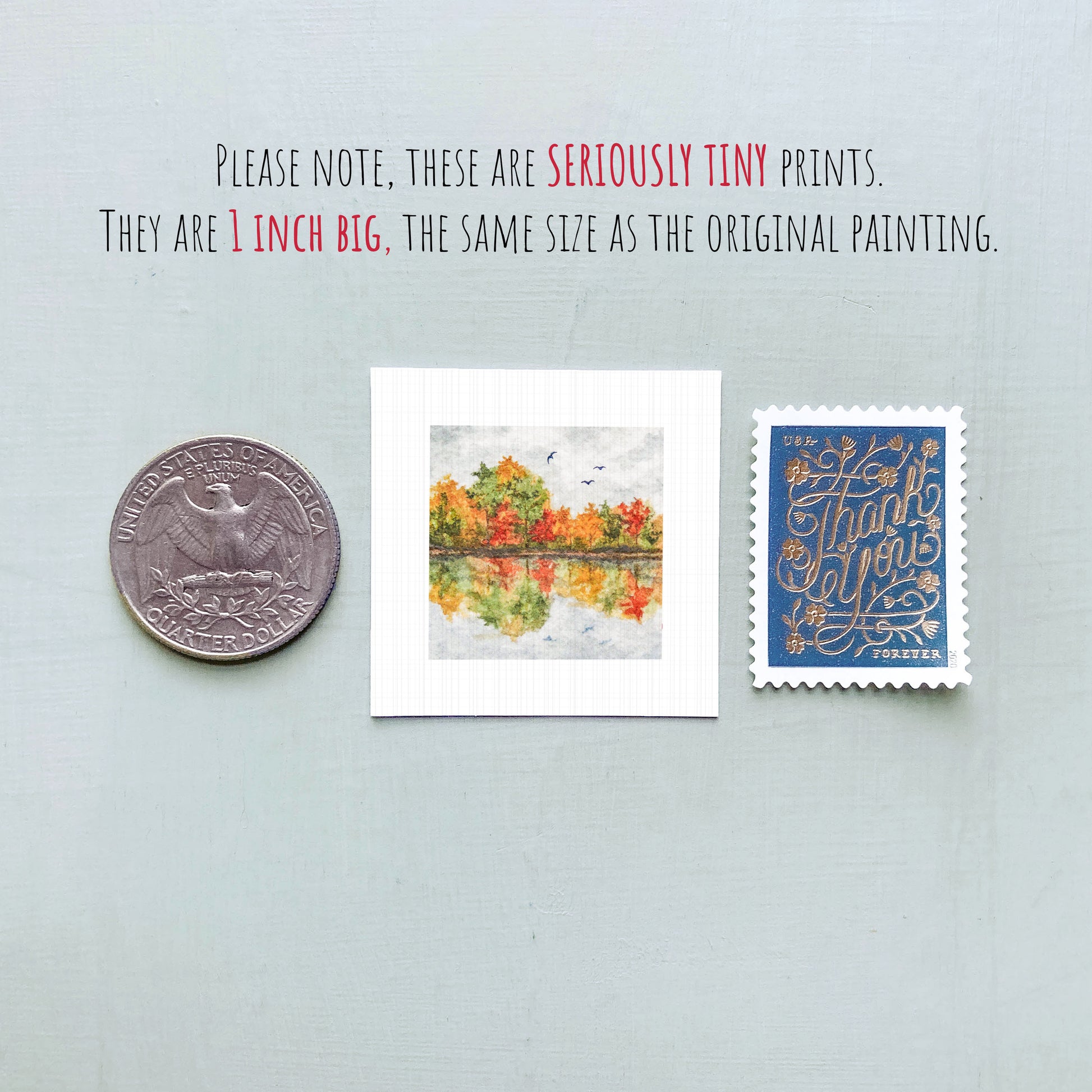 three small prints: a quarter, a square print of a painting, and a postage stamp.