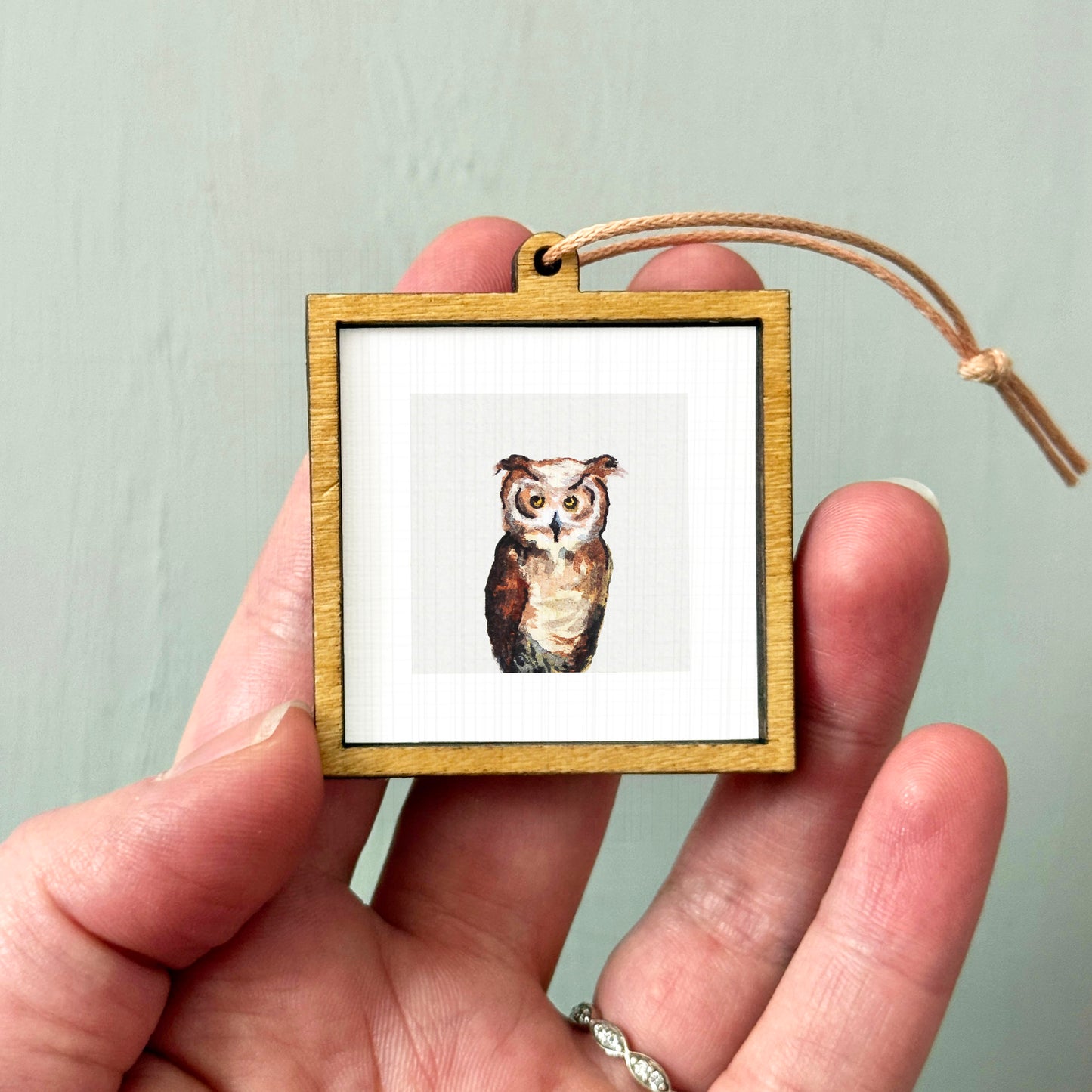 A person's hand holding a small wooden frame containing a picture of an owl.