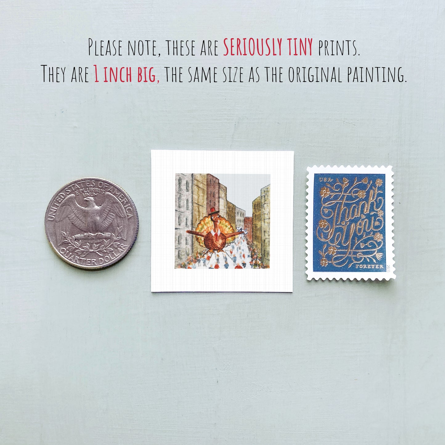 three small prints: a quarter, a postage stamp, and a painting of a person.