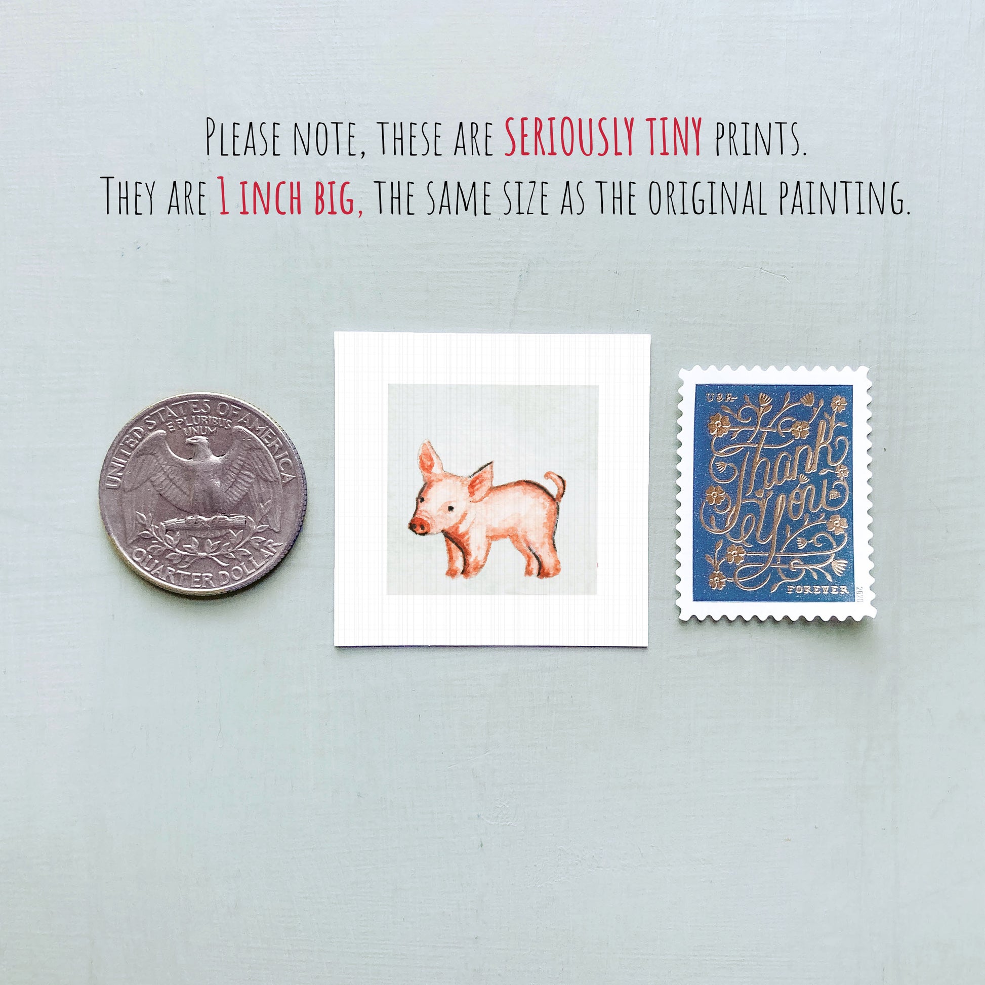 a pig illustration, a United States quarter, and a postage stamp, all of which are described as "seriously tiny prints" and "the same size as the original painting".