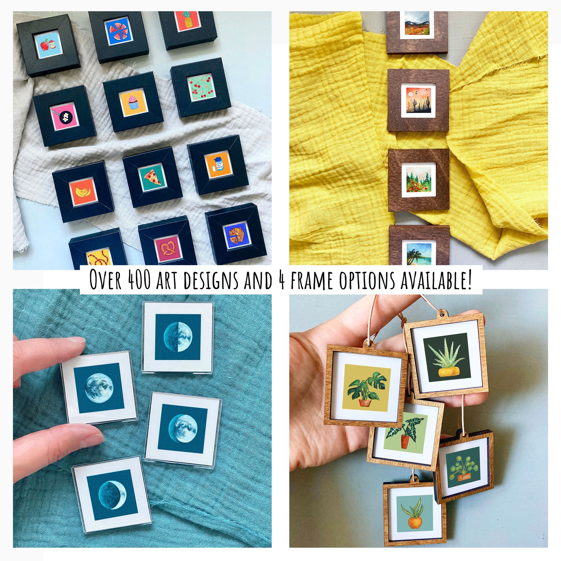 The image is a collage of four photos showcasing various art designs and frame options.