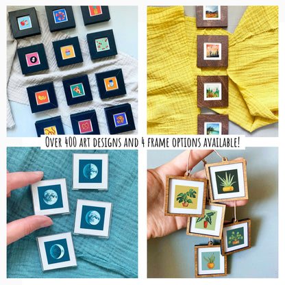 The image is a collage of four photos showcasing various art designs and frame options.