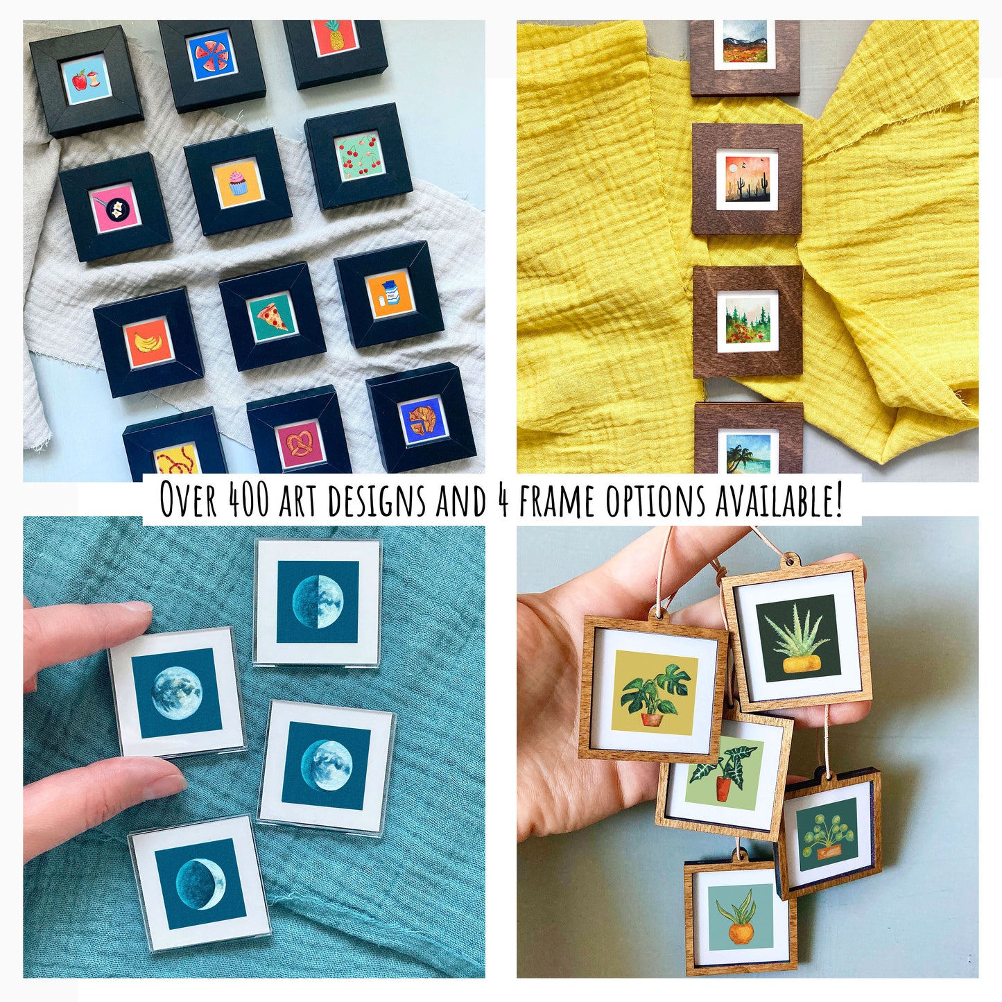 The image is a collage of four photos showcasing various art designs and frame options.