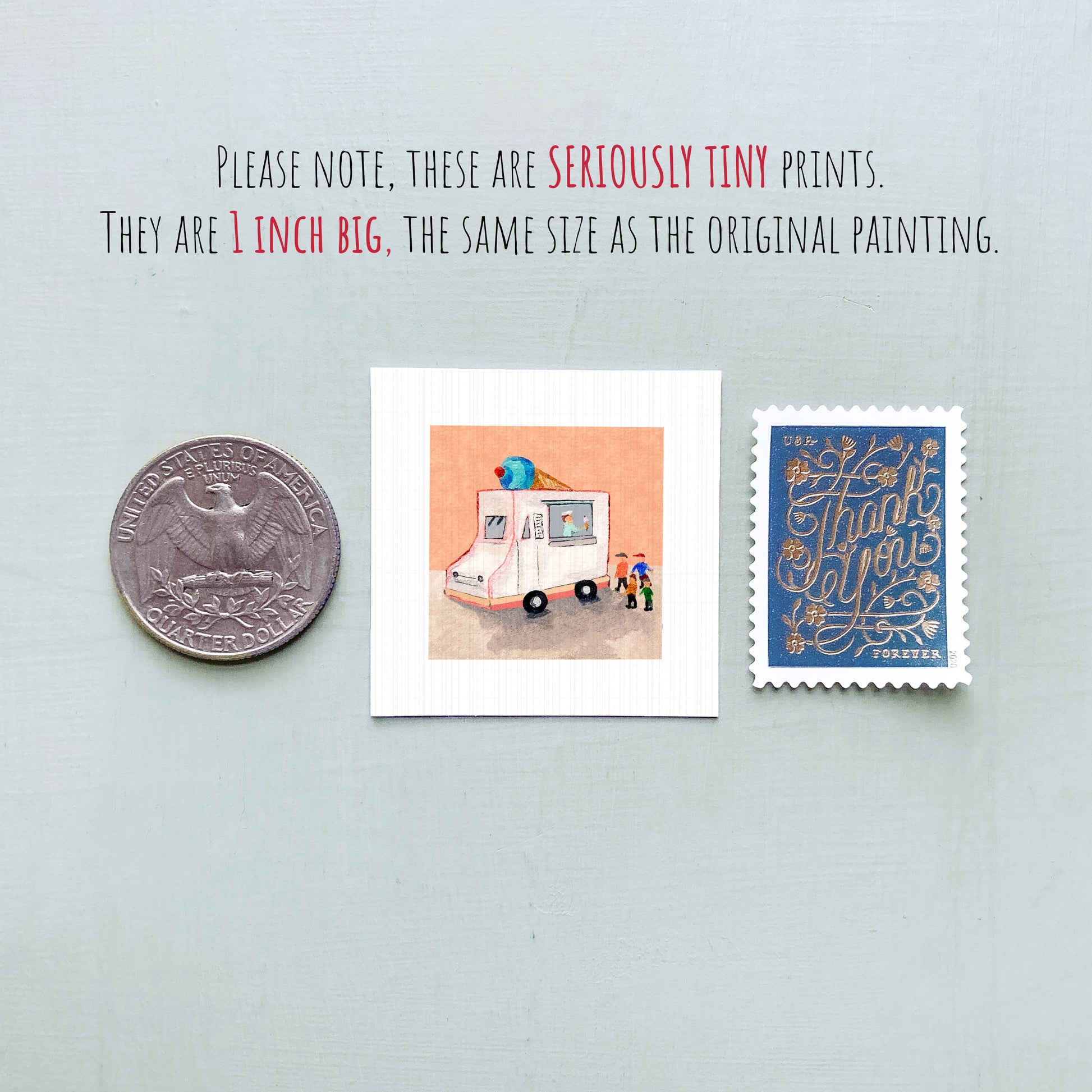 three small prints: a United States quarter, a small square print with an illustration of a truck and people, and a blue postage stamp with gold lettering.