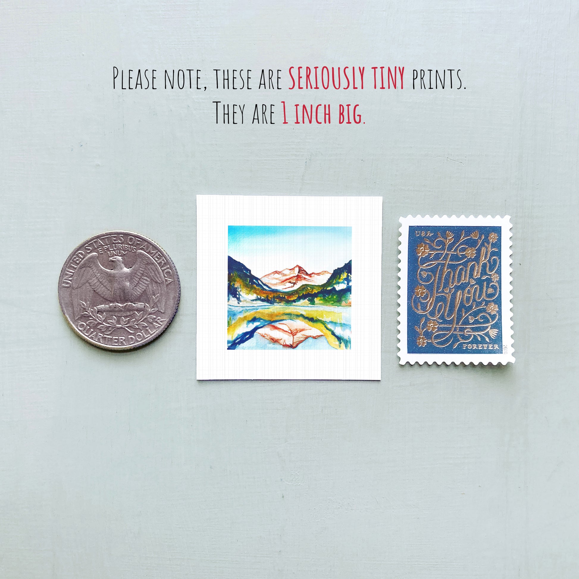 three small prints: a quarter, a postage stamp, and a postcard.