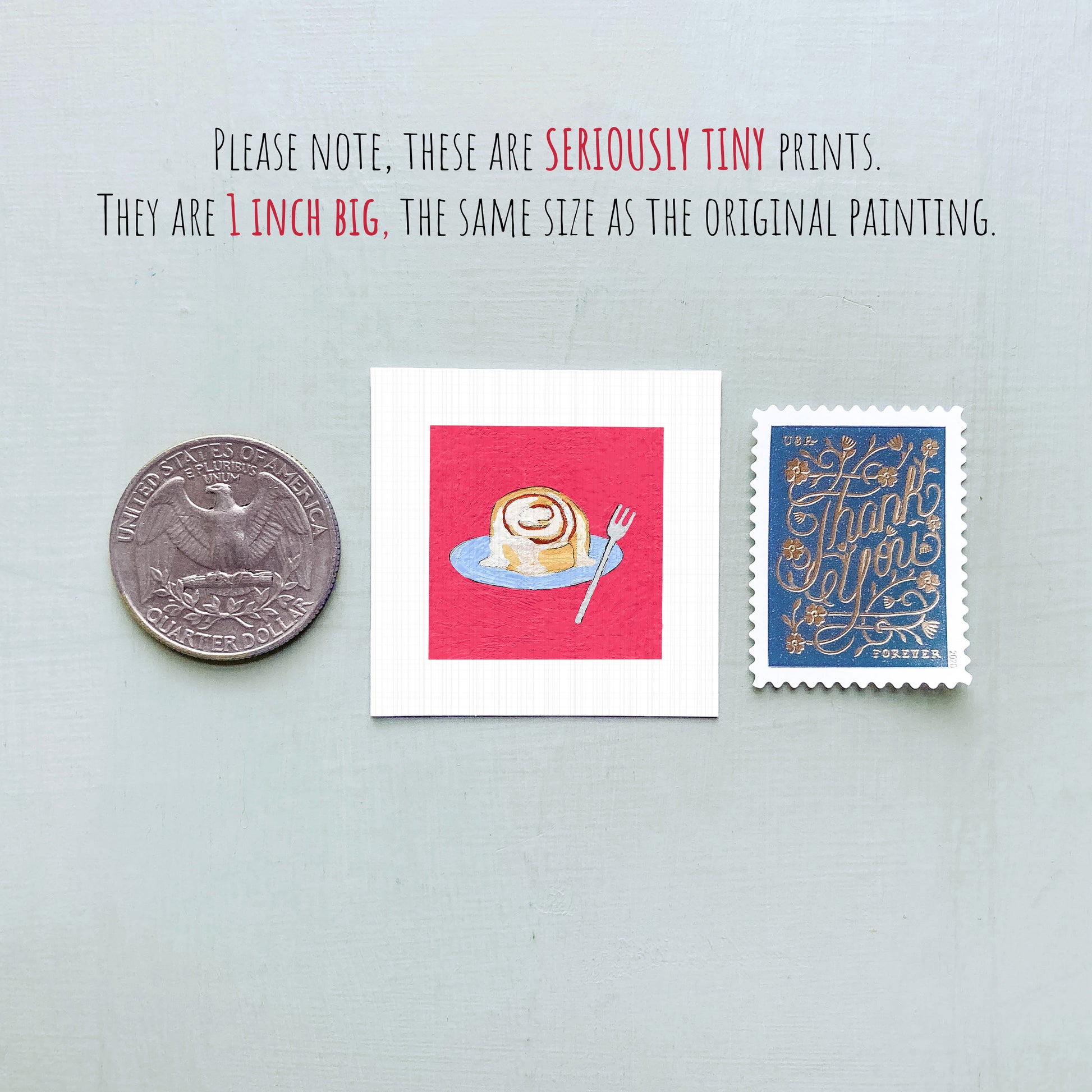 three small items: a quarter, a red square with a cinnamon roll on a blue plate, and a blue postage stamp with gold lettering.