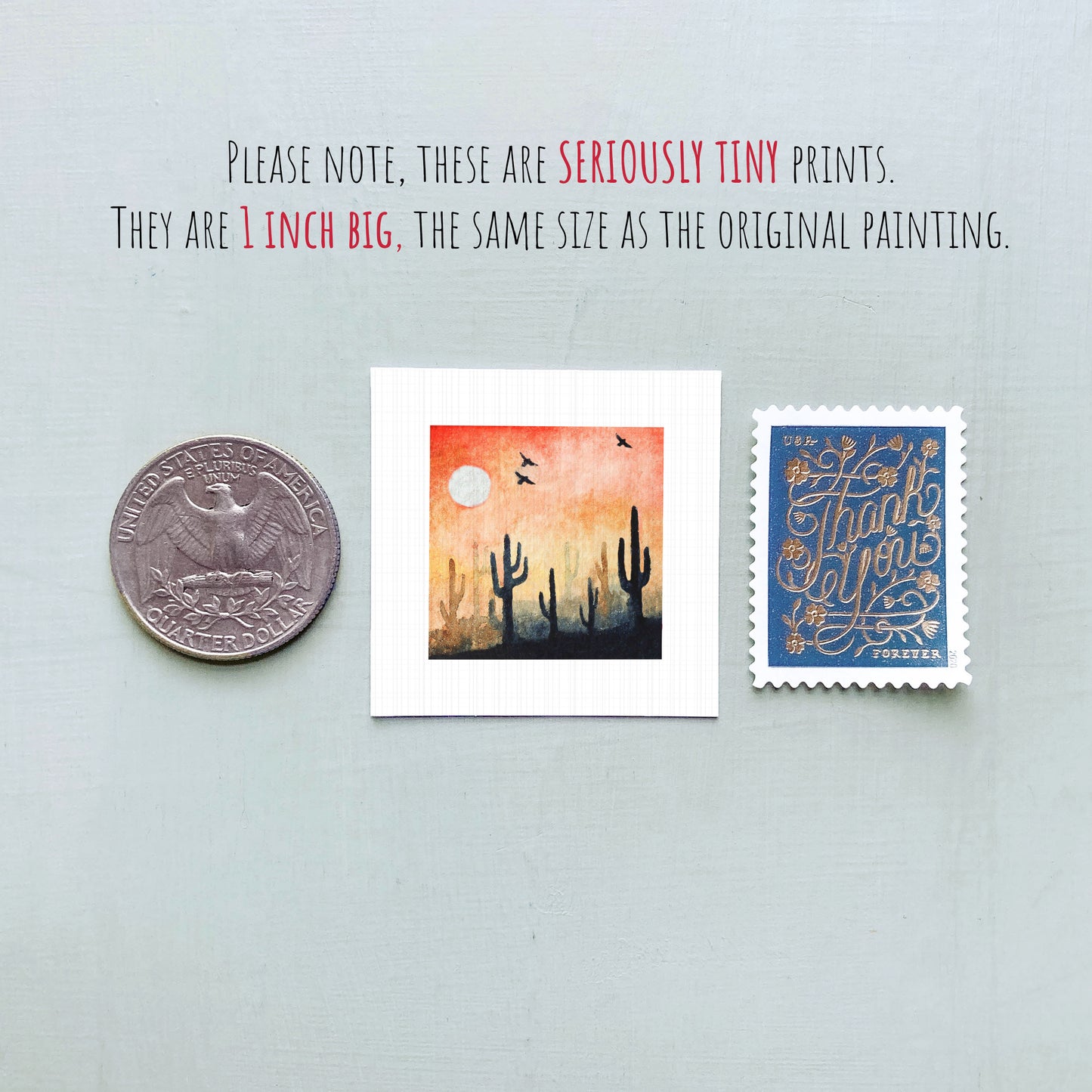 three small artworks: a quarter, a painting of cacti, and a postage stamp.