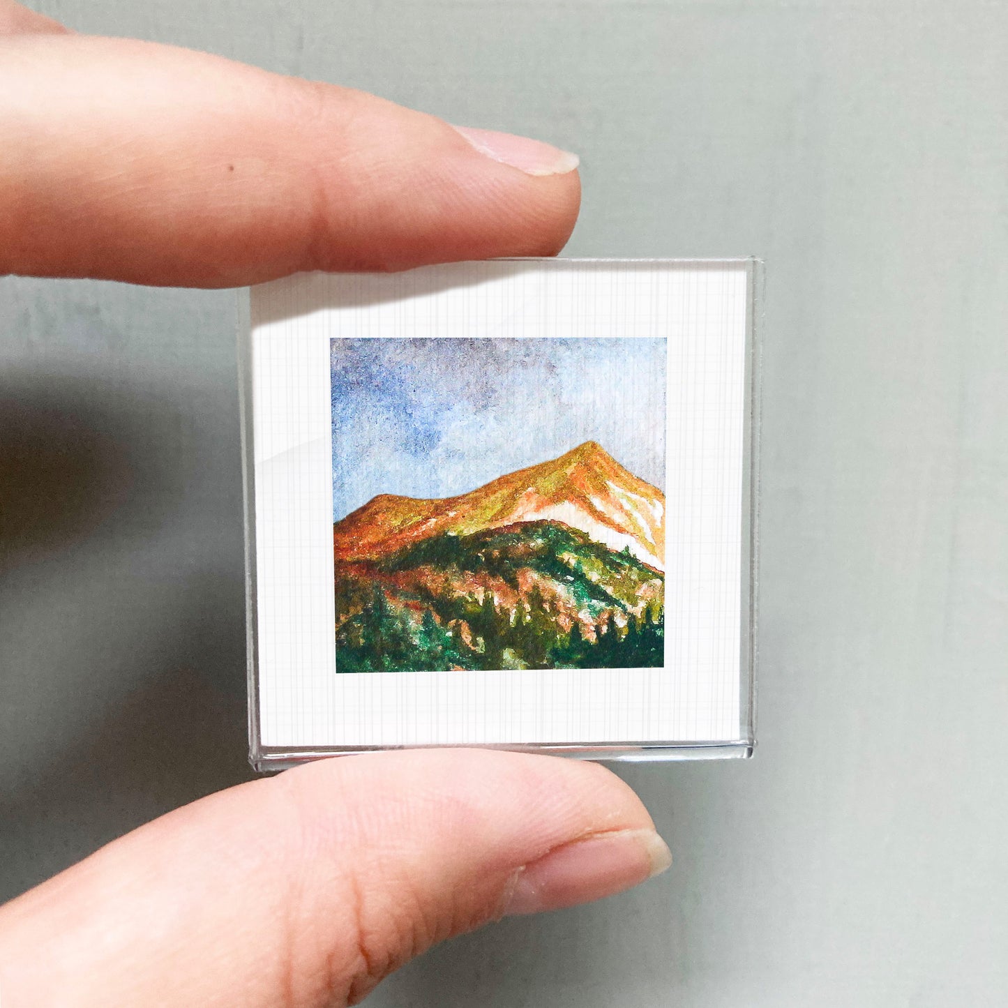 A person's hand holding a small square picture of a mountain landscape with trees and a blue sky.