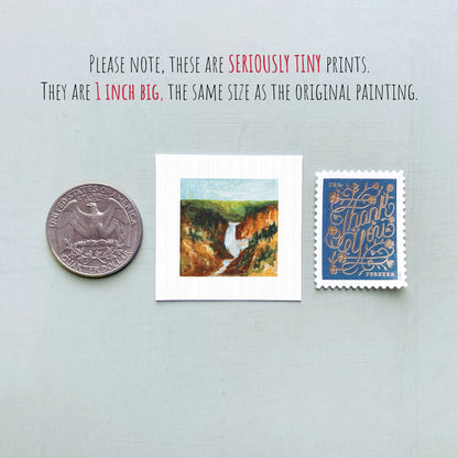 three small prints: a quarter, a painting of a waterfall, and a postage stamp.
