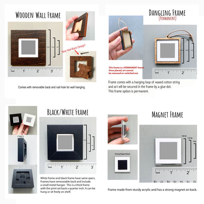 The image is a collage of four photographs depicting different types of frames, including a wooden wall frame, a hanging frame, a black/white frame, and a magnet frame.