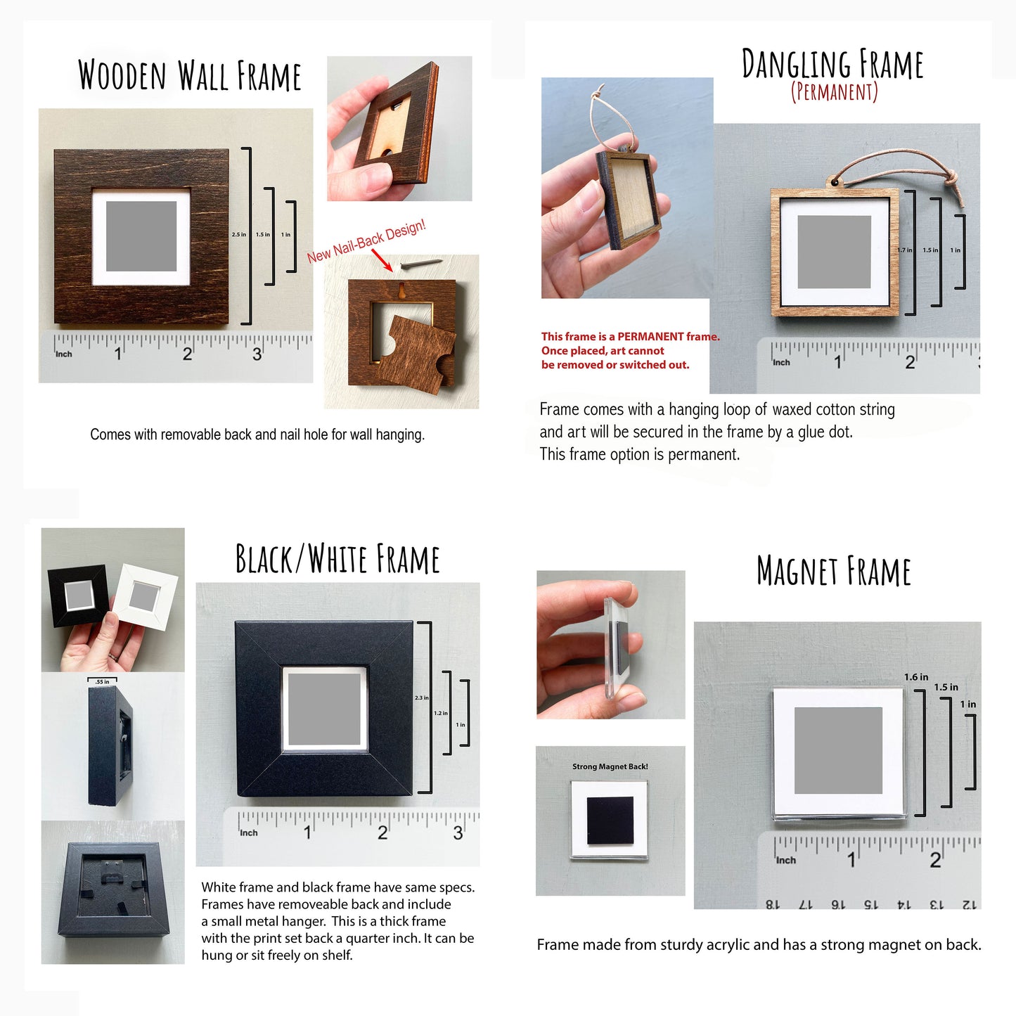 The image is a collage of four photographs depicting different types of frames, including a wooden wall frame, a hanging frame, a black/white frame, and a magnet frame.
