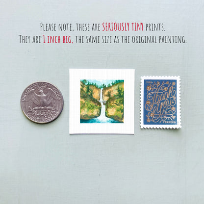 three small prints: a quarter, a postage stamp, and a painting of a waterfall.