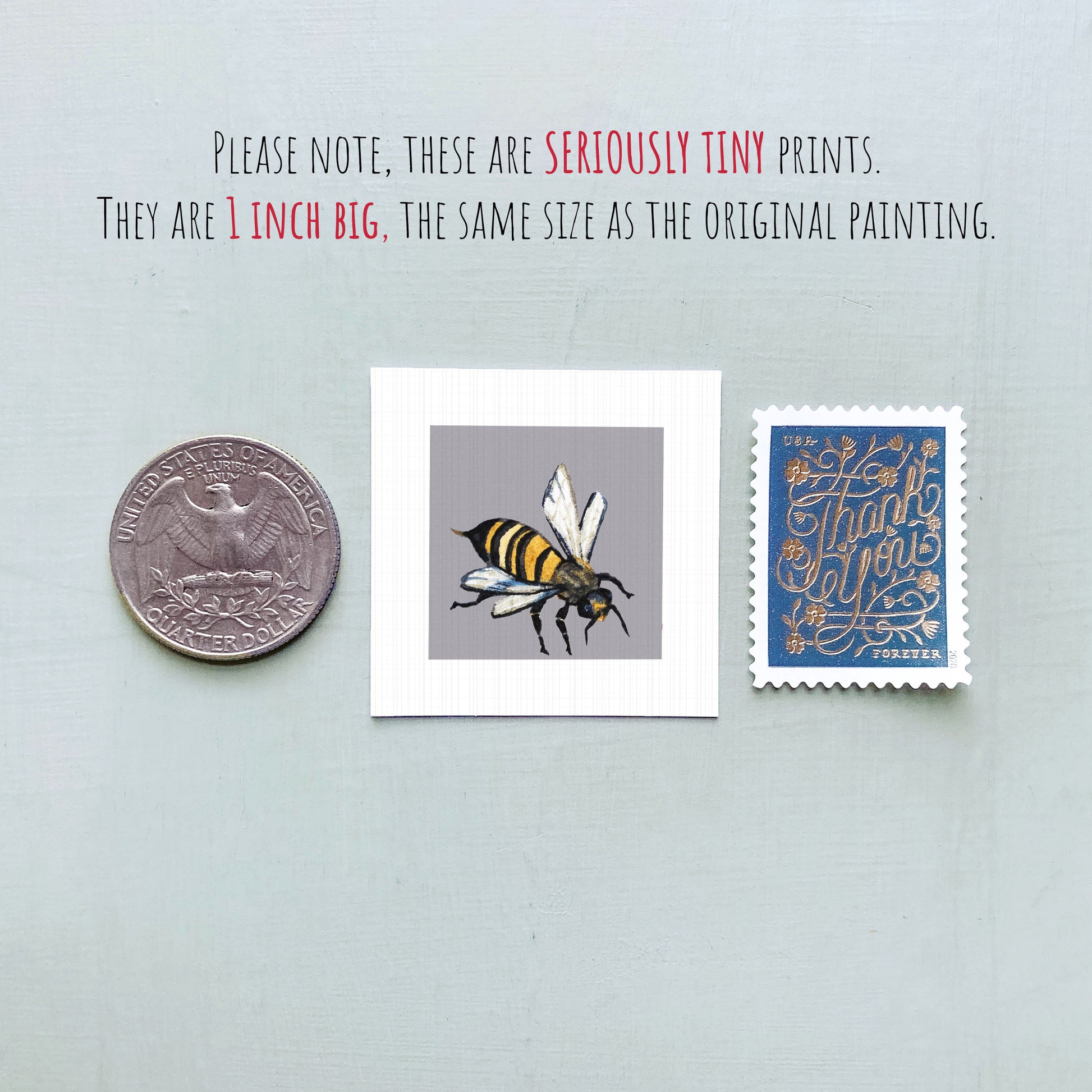 a collection of three small items: a quarter, a square print of a bee, and a postage stamp.