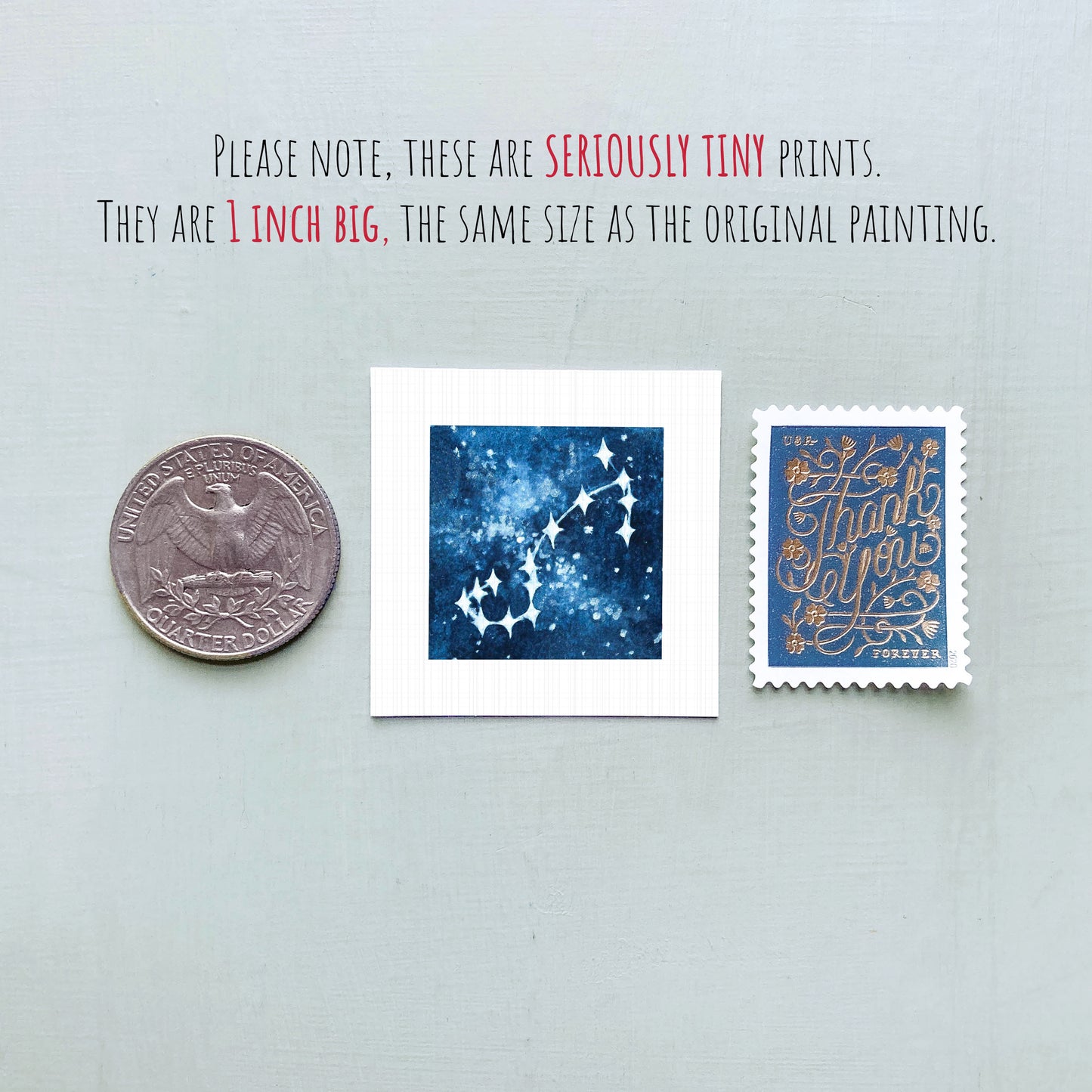 three small prints: a quarter, a square print with a blue background and white stars, and a postage stamp.