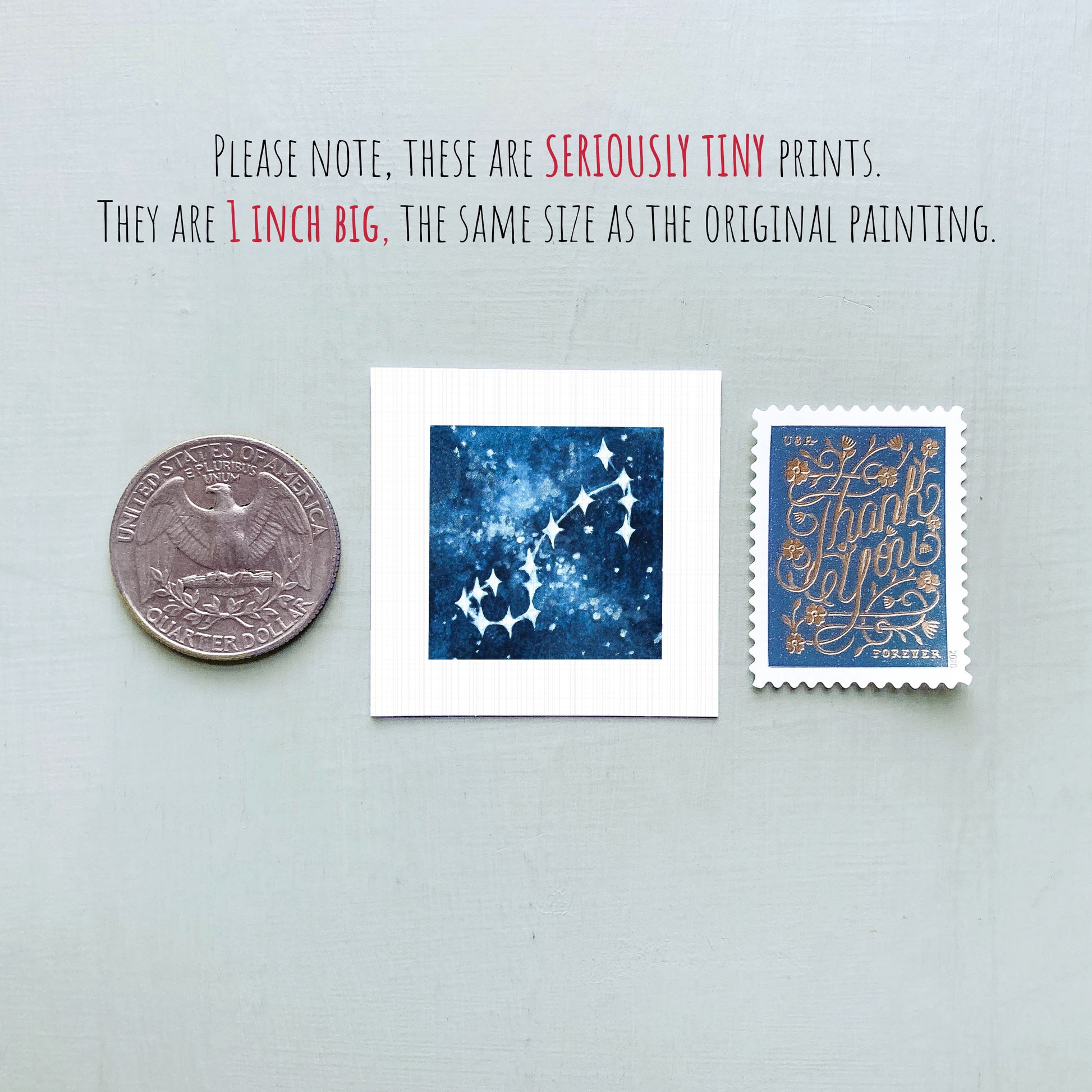 three small prints: a quarter, a square print with a blue background and white stars, and a postage stamp.