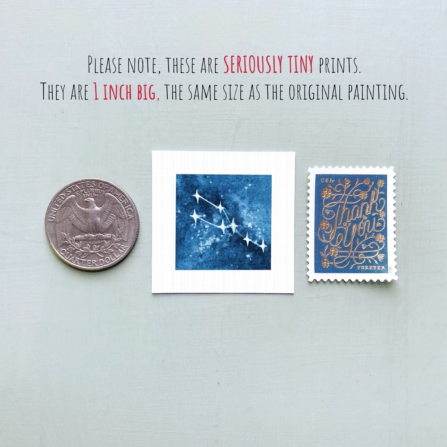 three small prints: a quarter, a square print with a blue background and white stars, and a postage stamp.