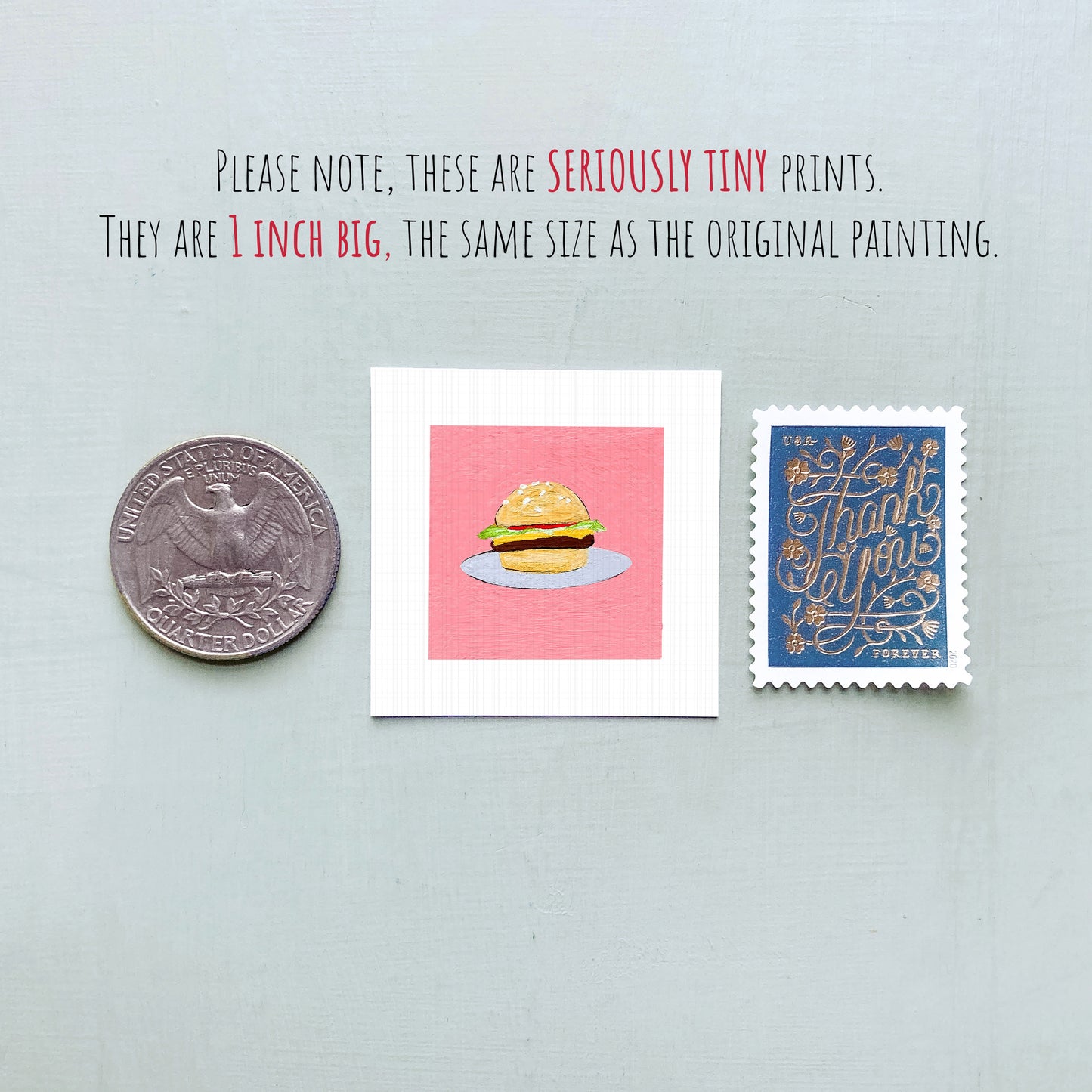 a collection of three small items: a quarter, a square with a hamburger illustration, and a postage stamp.