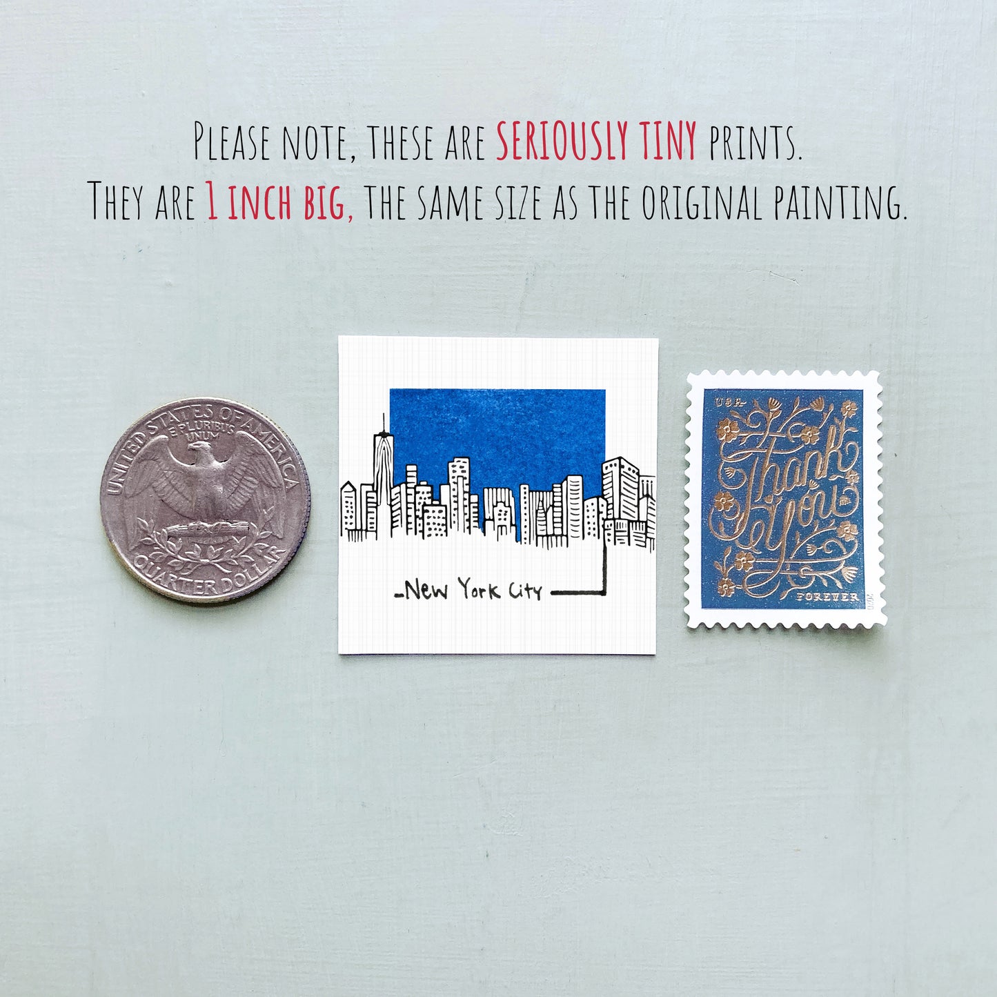 three small items: a quarter, a postage stamp, and a drawing of New York City.