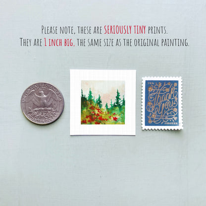 three small prints: a quarter, a square print of a forest scene, and a blue postage stamp with gold lettering.