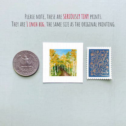 three small artworks: a coin, a postcard, and a painting. The coin is 1 inch in size, the postcard is 1 inch in size, and the painting is 1 inch in size. The text indicates that these are seriously tiny prints, and they are all 1 inch in size, matching the original painting.