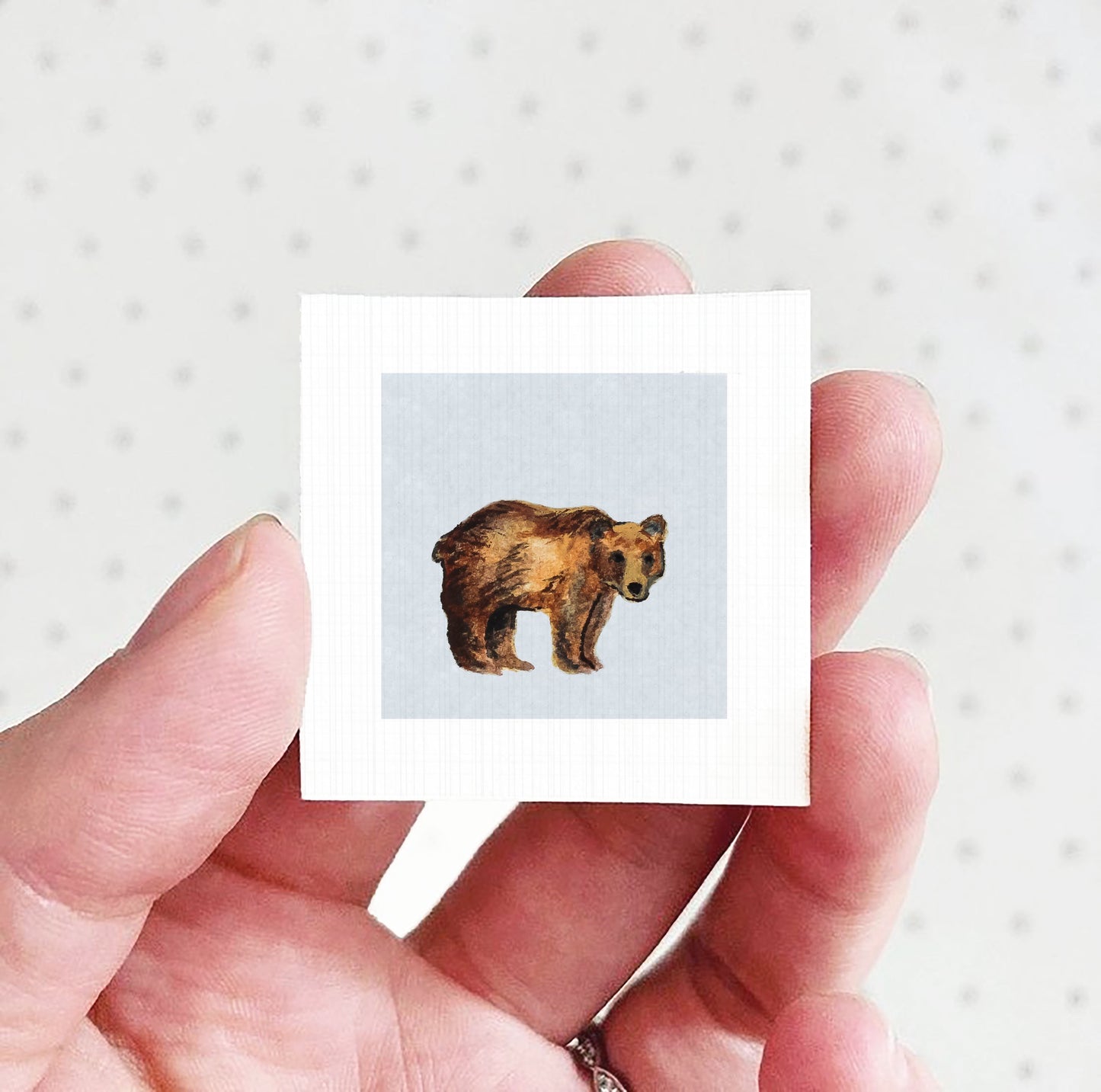 A hand holding a small square picture of a brown bear against a white background.