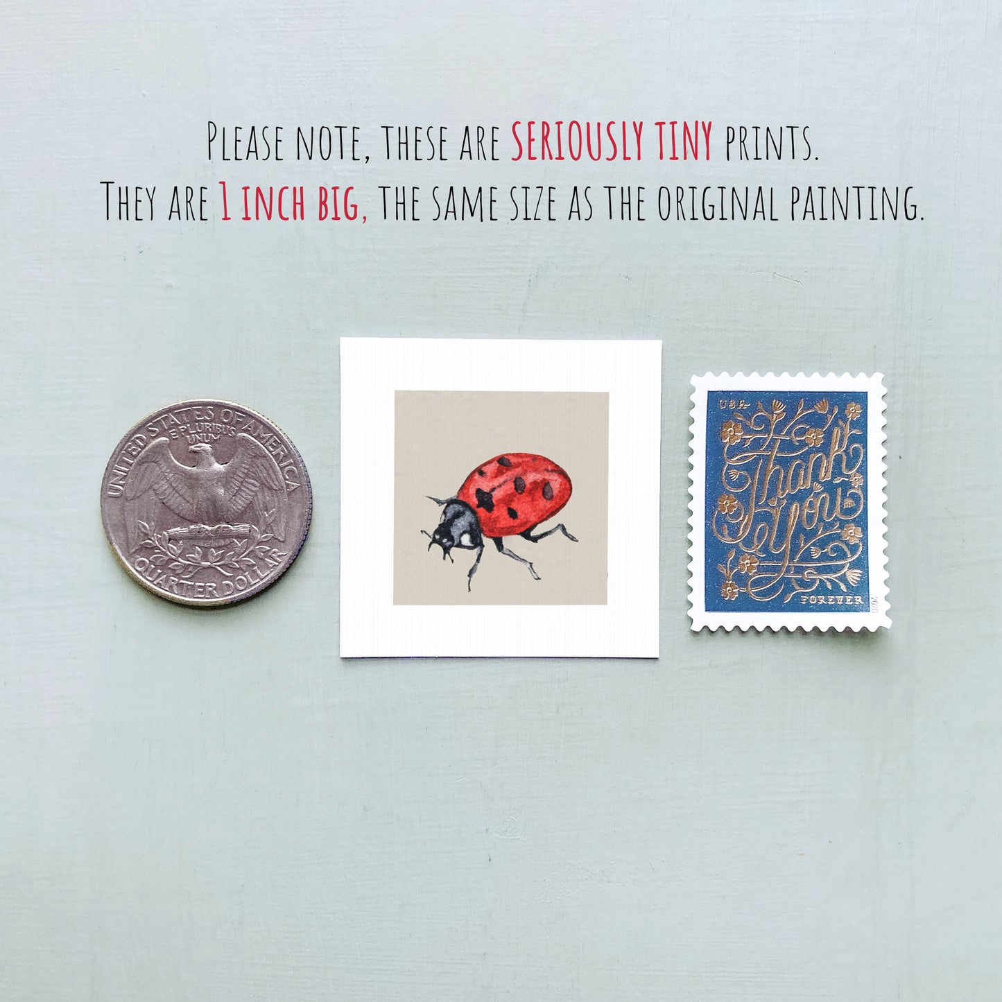 three small prints: a silver coin, a white square print of a red ladybug, and a blue postage stamp with gold lettering.