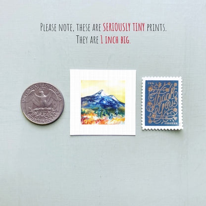 a collection of three small items: a United States quarter, a miniature painting of a mountain, and a postage stamp.