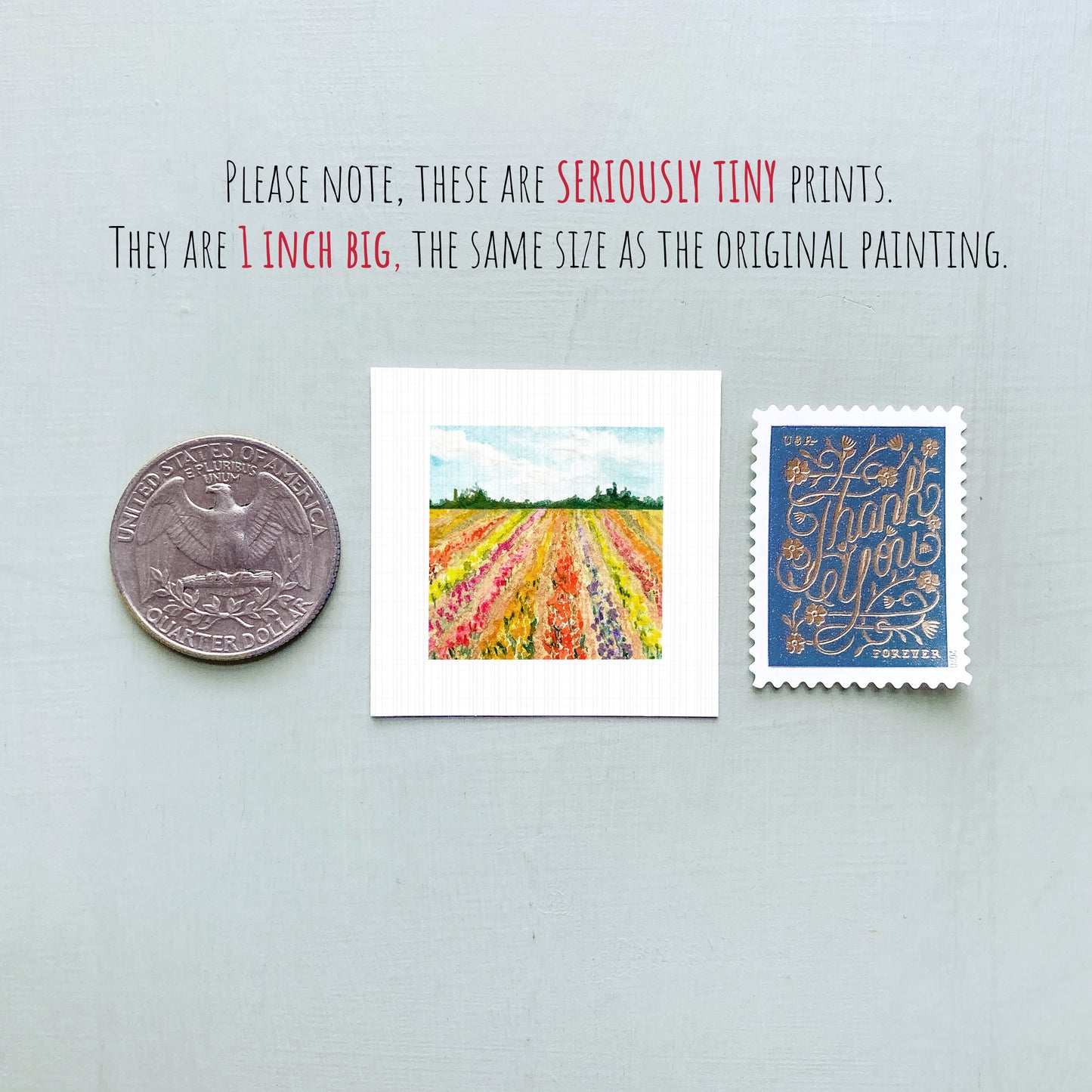 three small prints: a United States quarter, a watercolor painting of a field, and a postage stamp.