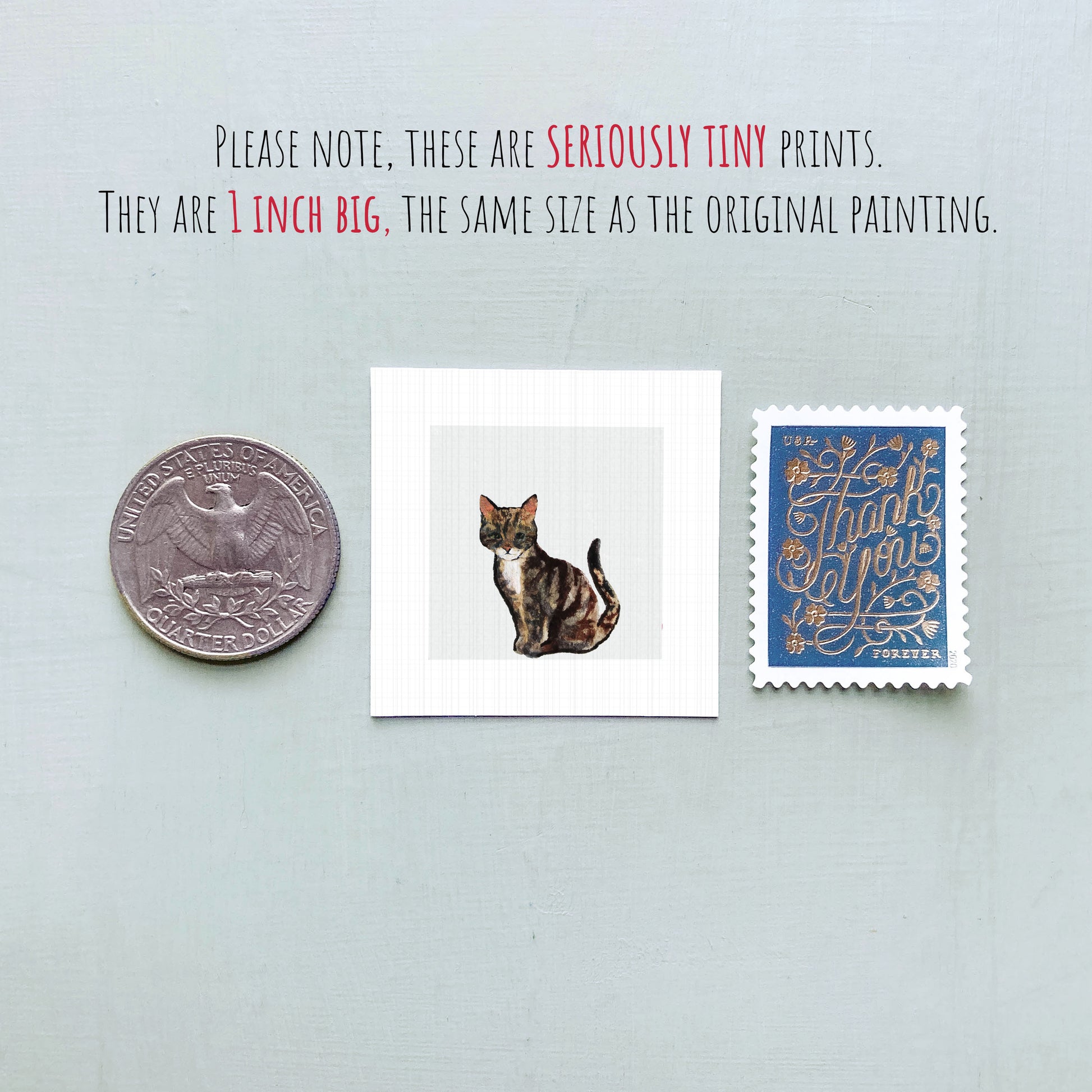 a collection of three small items: a quarter, a square print of a cat, and a postage stamp.