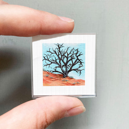 A person's hand is holding a small square picture of a tree with bare branches against a blue sky background.