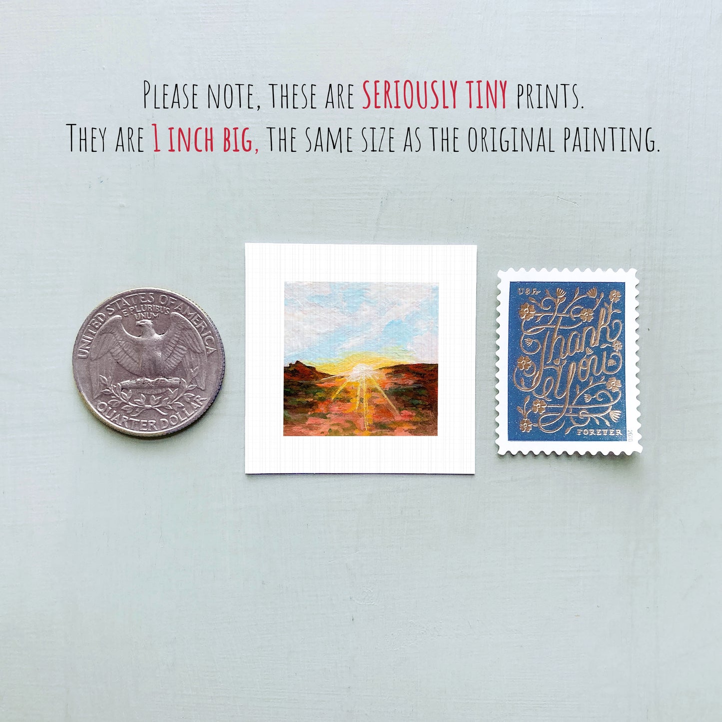 three small artworks and a United States quarter coin, all of which are described as "seriously tiny prints" and "1 inch big" in the provided text.