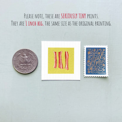 three small, seriously tiny prints: a United States quarter, a square with three red stripes, and a blue postage stamp with gold lettering.