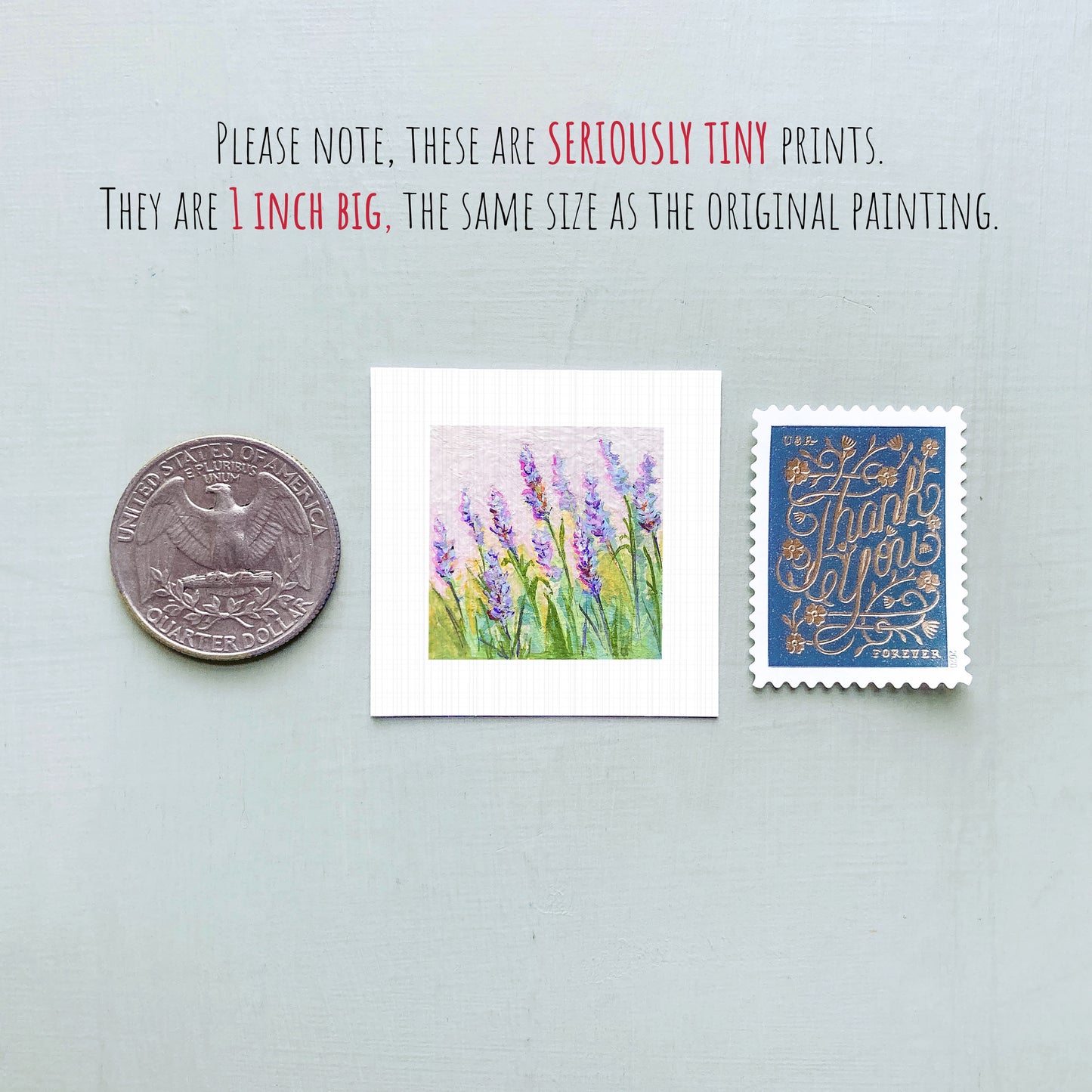 three small artworks and a coin, all of which are described as "seriously tiny prints" and "1 inch big," indicating that they are miniature-sized paintings.
