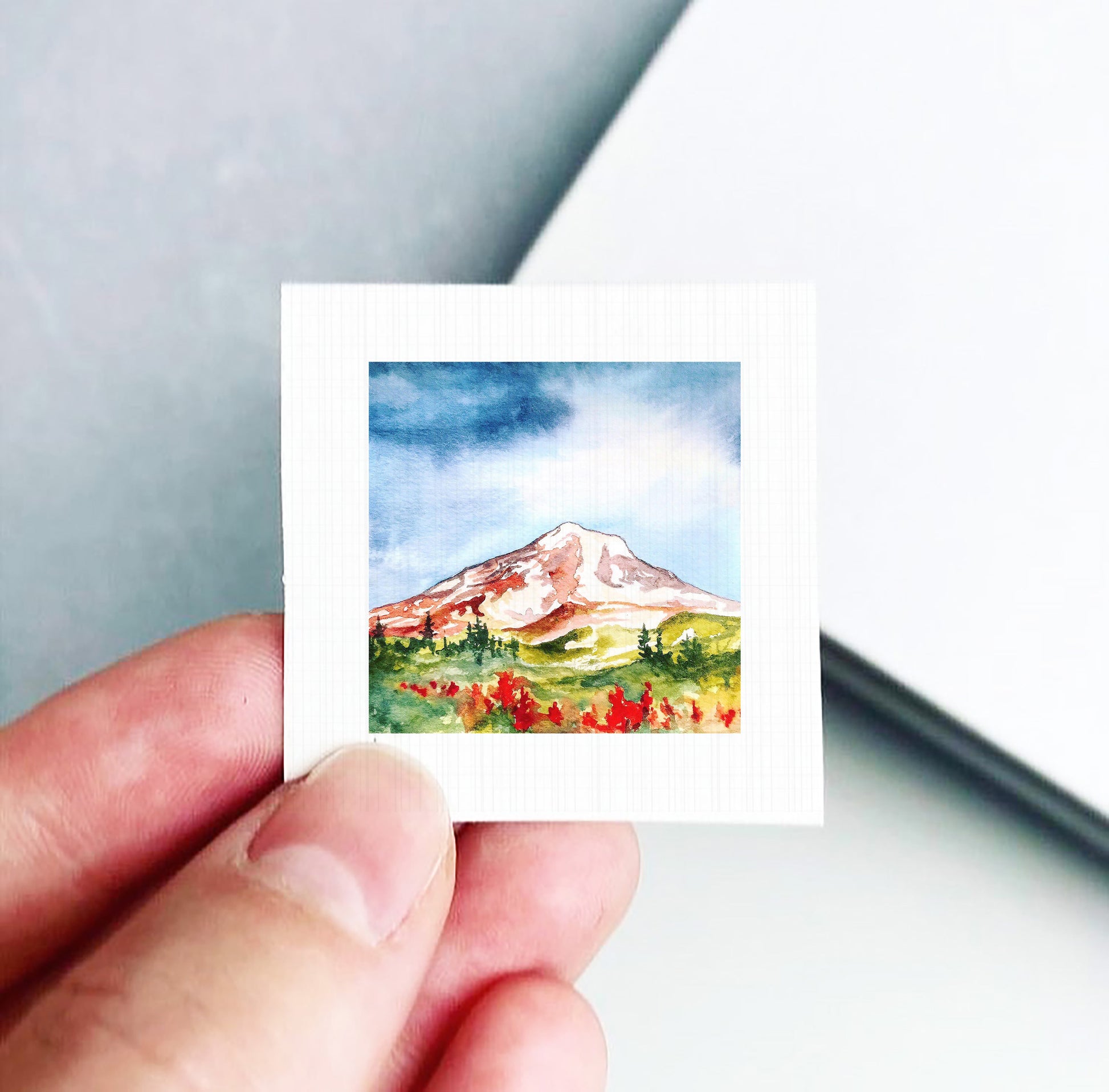 A hand holding a small square picture depicting a mountain landscape with a colorful foreground.