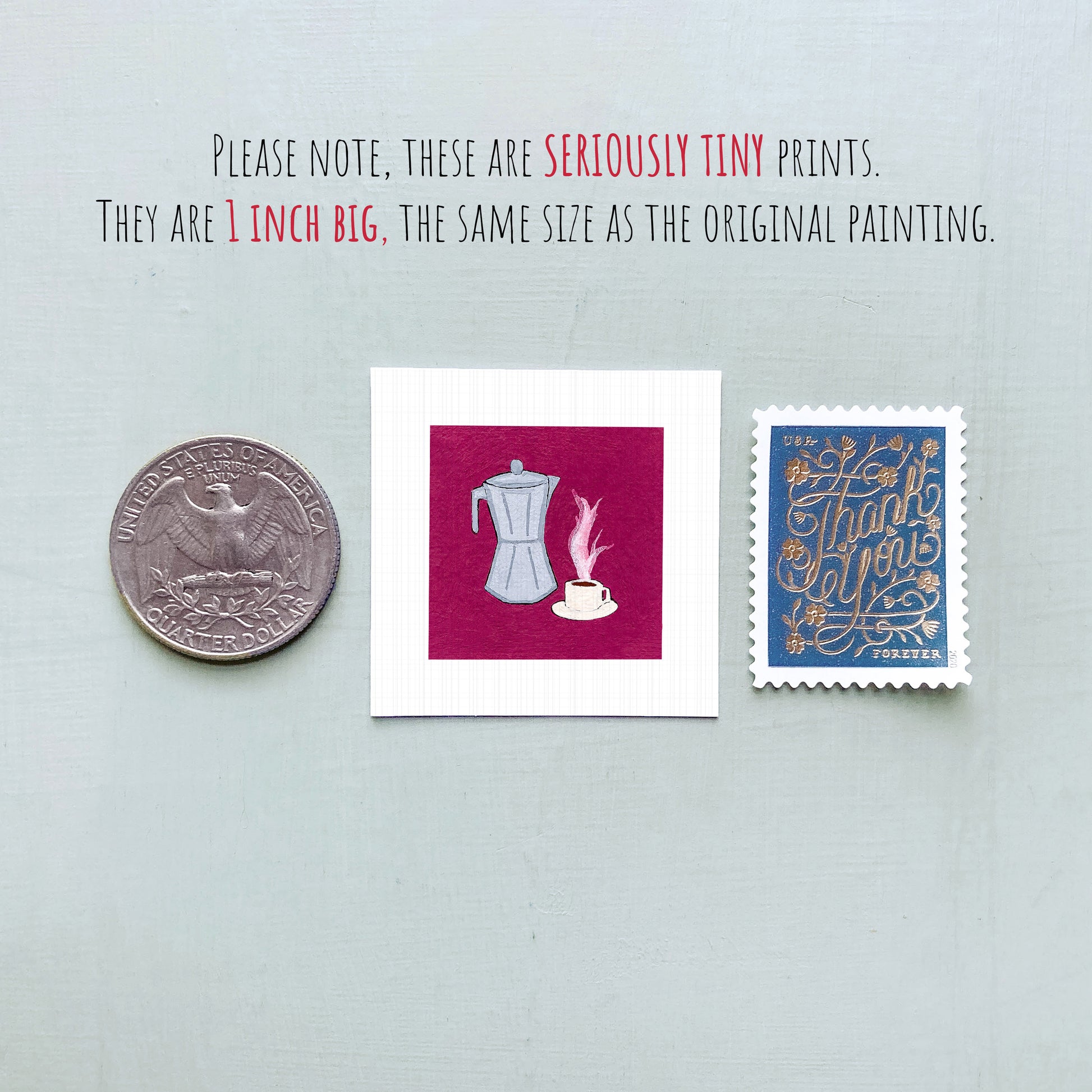 three small items: a quarter, a square with a coffee pot illustration, and a postage stamp.