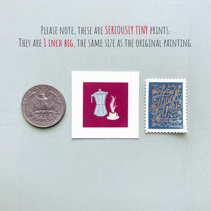 three small items: a quarter, a square with a coffee pot illustration, and a postage stamp.