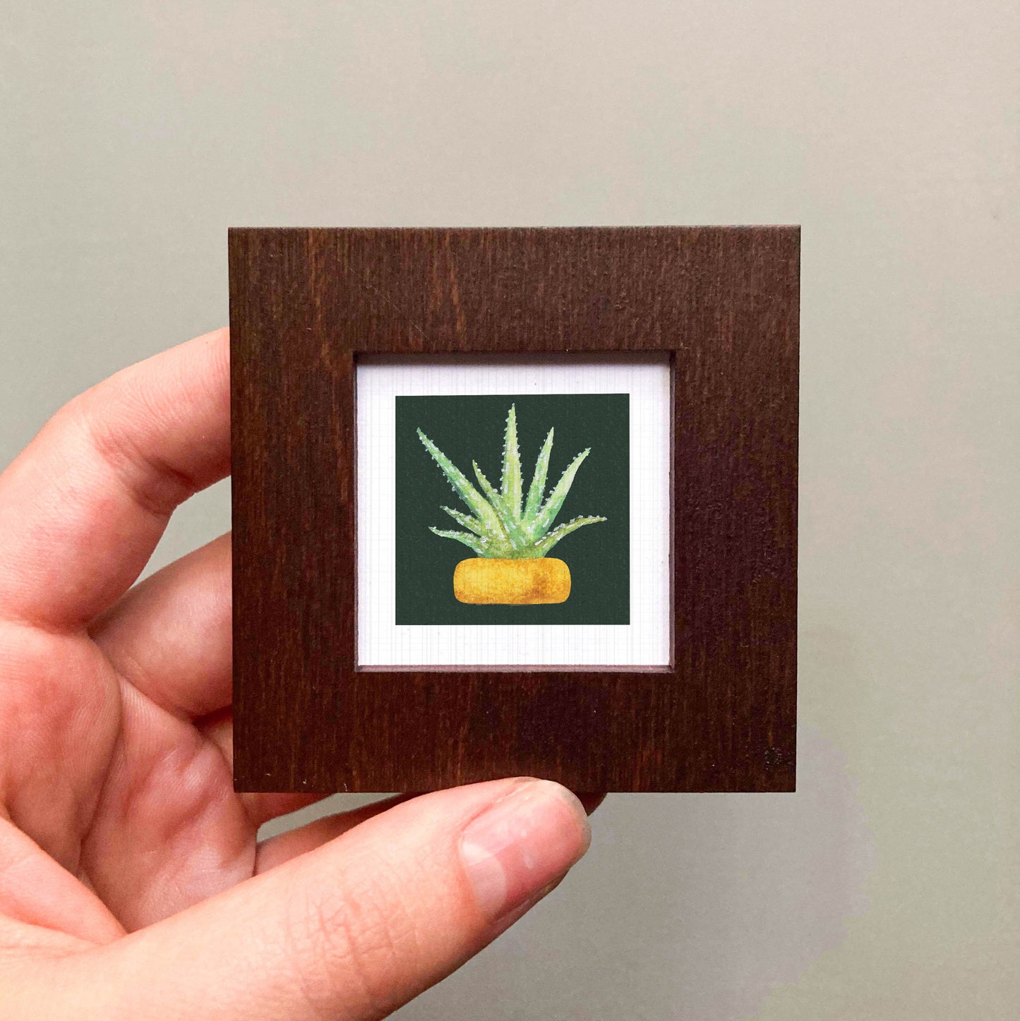 A hand is holding a small wooden frame containing a framed picture of a cactus plant.