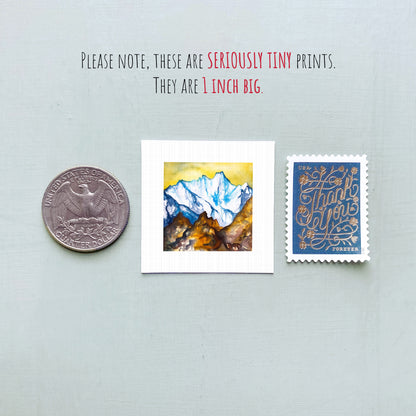 a collection of three small items: a quarter, a watercolor painting of a mountain, and a postage stamp.