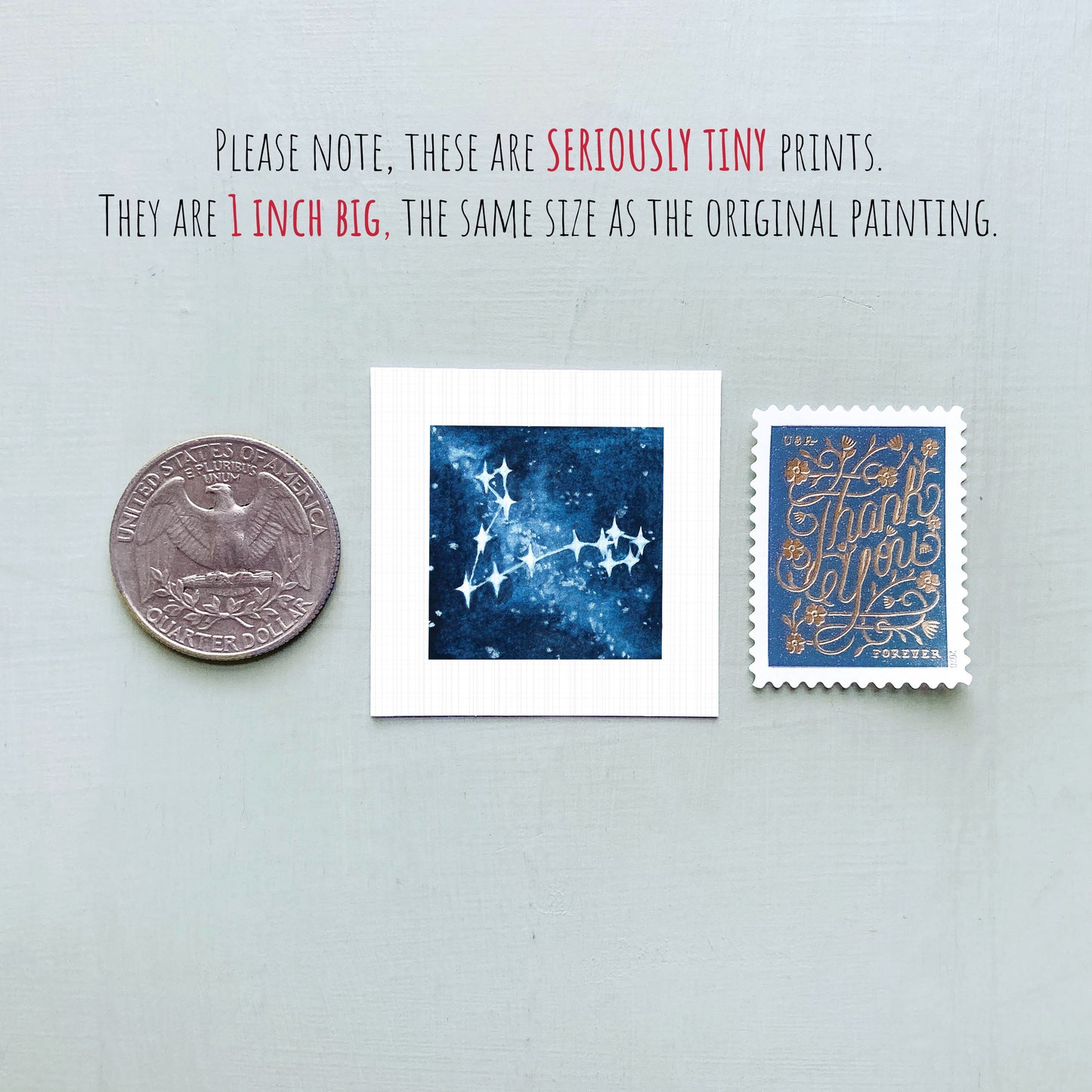 three small prints, including a United States quarter, a painting of a starry night sky, and a postage stamp, all of which are described as "seriously tiny prints" and "1 inch big" in the provided text.