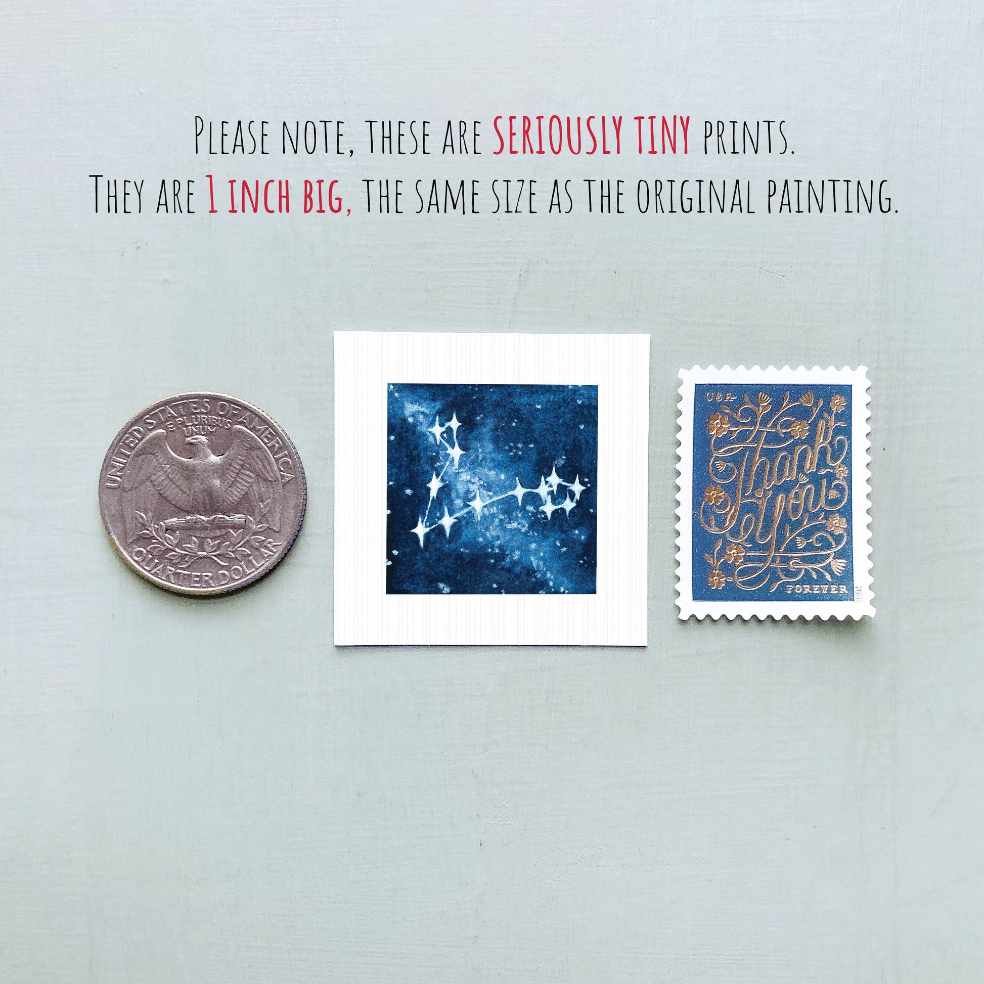 three small prints, including a United States quarter, a painting of a starry night sky, and a postage stamp, all of which are described as "seriously tiny prints" and "1 inch big" in the provided text.