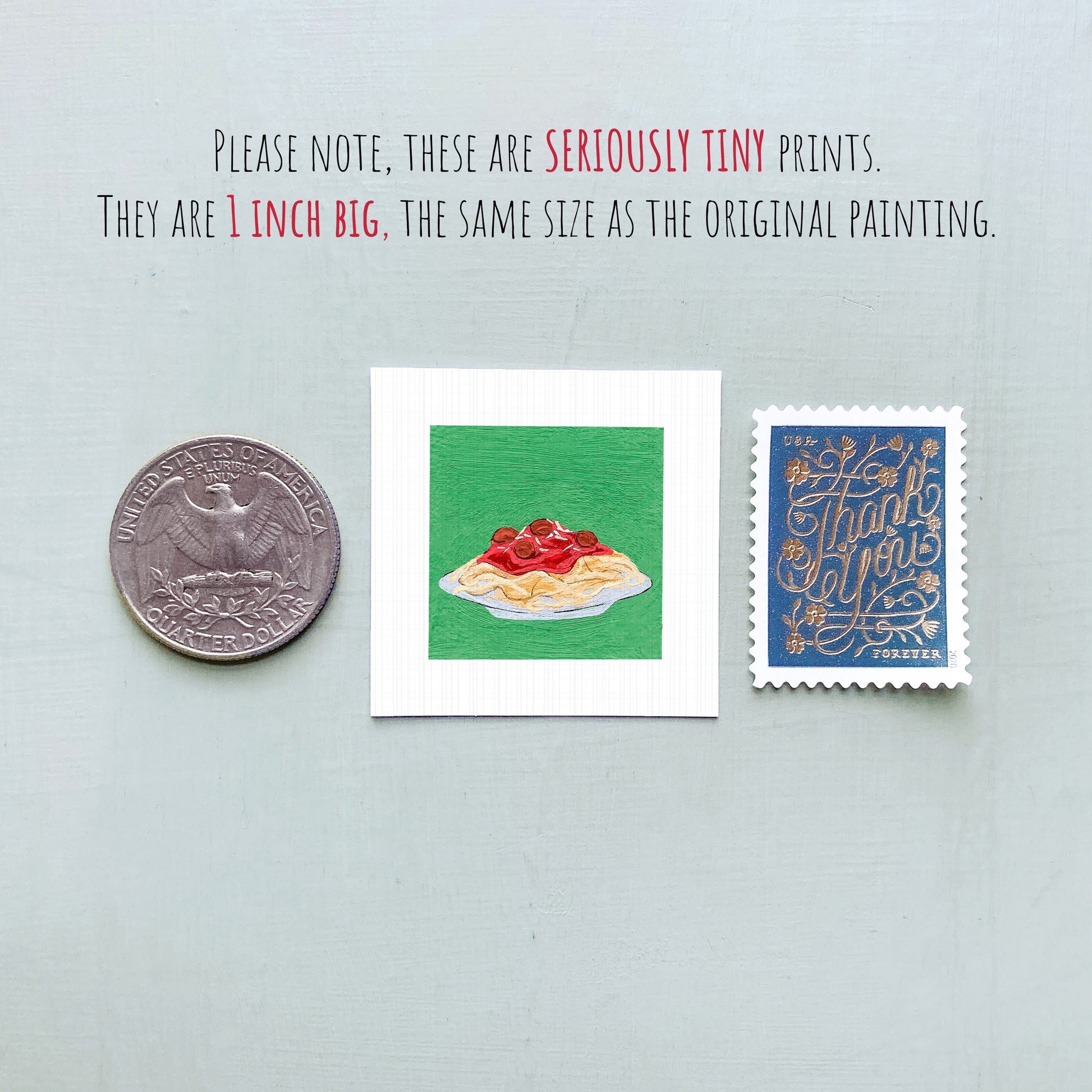 three small, seriously tiny prints: a United States quarter, a square print of a green and red food item, and a blue postage stamp with gold lettering.