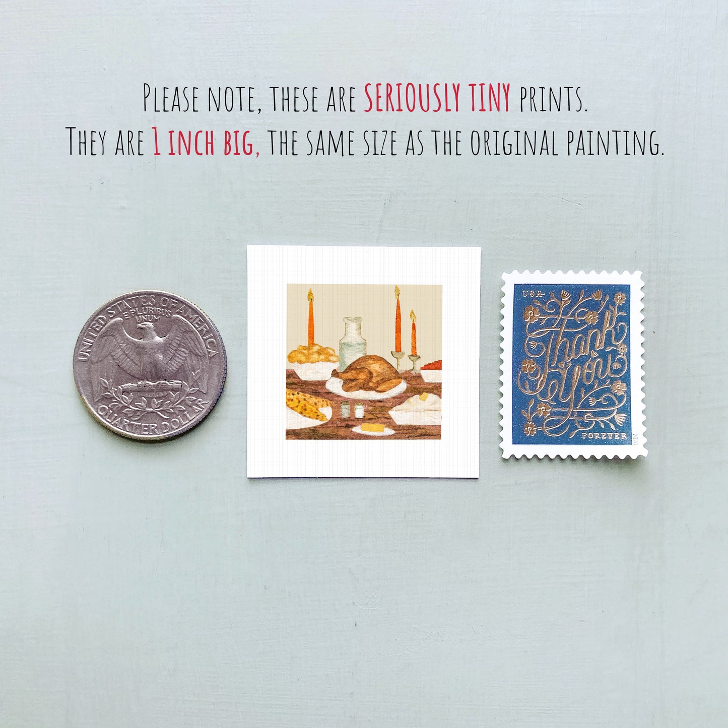 a collection of three small items: a quarter, a postage stamp, and a painting of a turkey dinner.