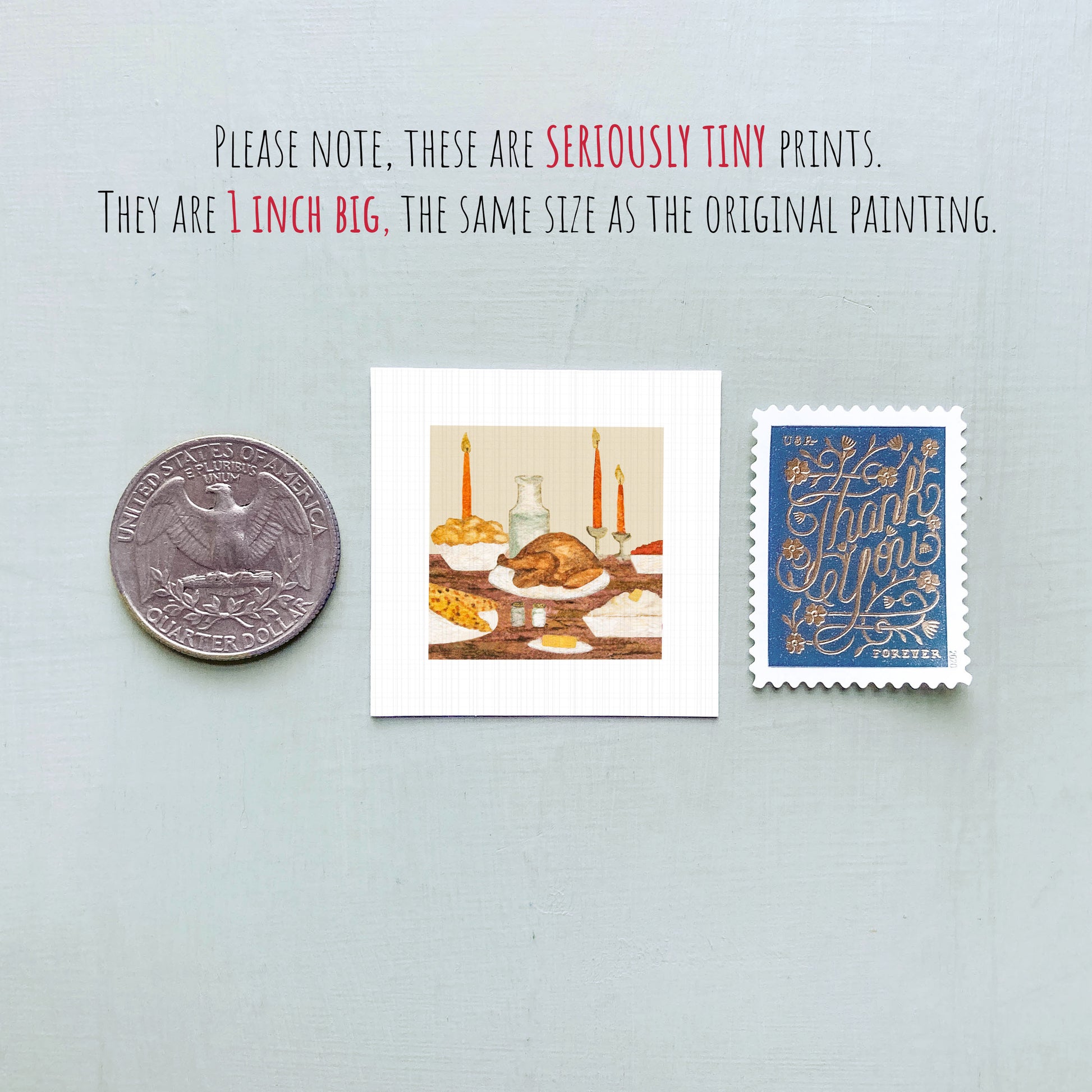 a collection of three small items: a quarter, a postage stamp, and a painting of a turkey dinner.