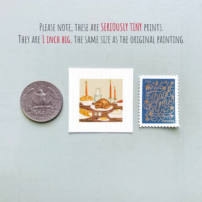 a collection of three small items: a quarter, a postage stamp, and a painting of a turkey dinner.