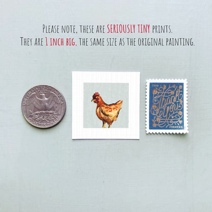 a collection of three small items: a quarter, a framed painting of a chicken, and a postage stamp.
