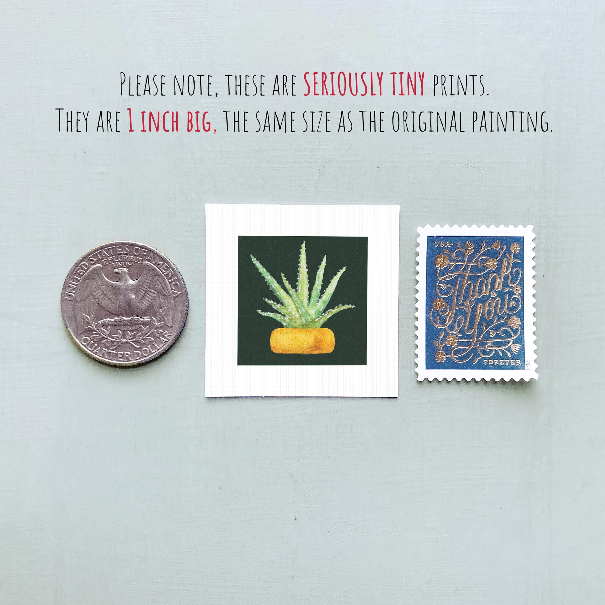 three small prints: a quarter, a square print of a plant, and a postage stamp.