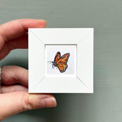 A hand is holding a small white frame containing a colorful butterfly image.
