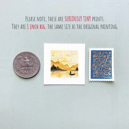 three small artworks or prints, including a coin, a postage stamp, and a painting, all of which are described as "seriously tiny prints" and "the same size as the original painting".