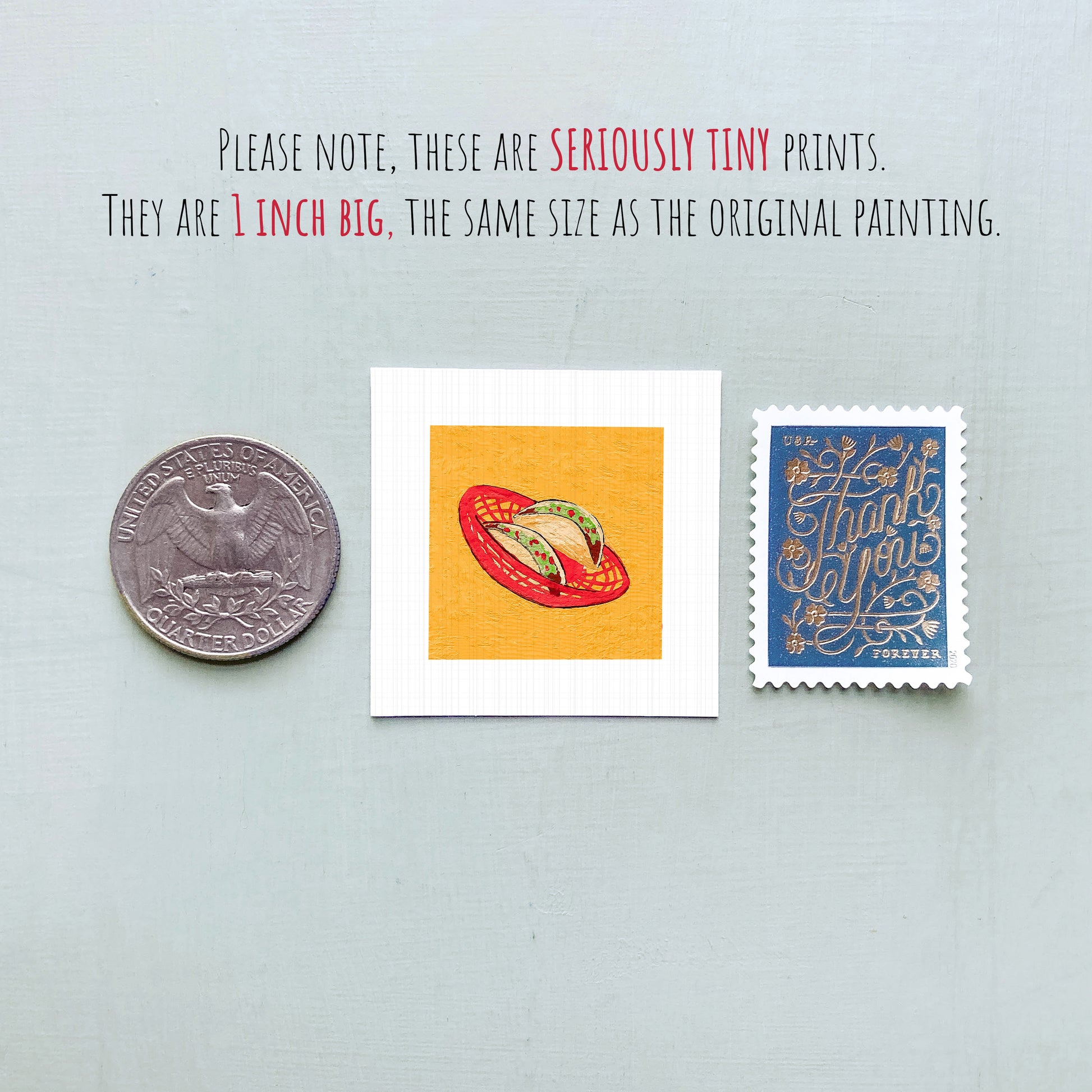 three small prints: a silver coin, a white square with an illustration, and a blue postage stamp.